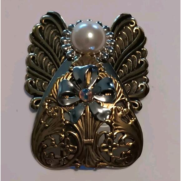 Jane Davis Signed Angel Faux Pearl Rhinestone Brooch Ribbon Mixed Metal - Picture 1 of 12